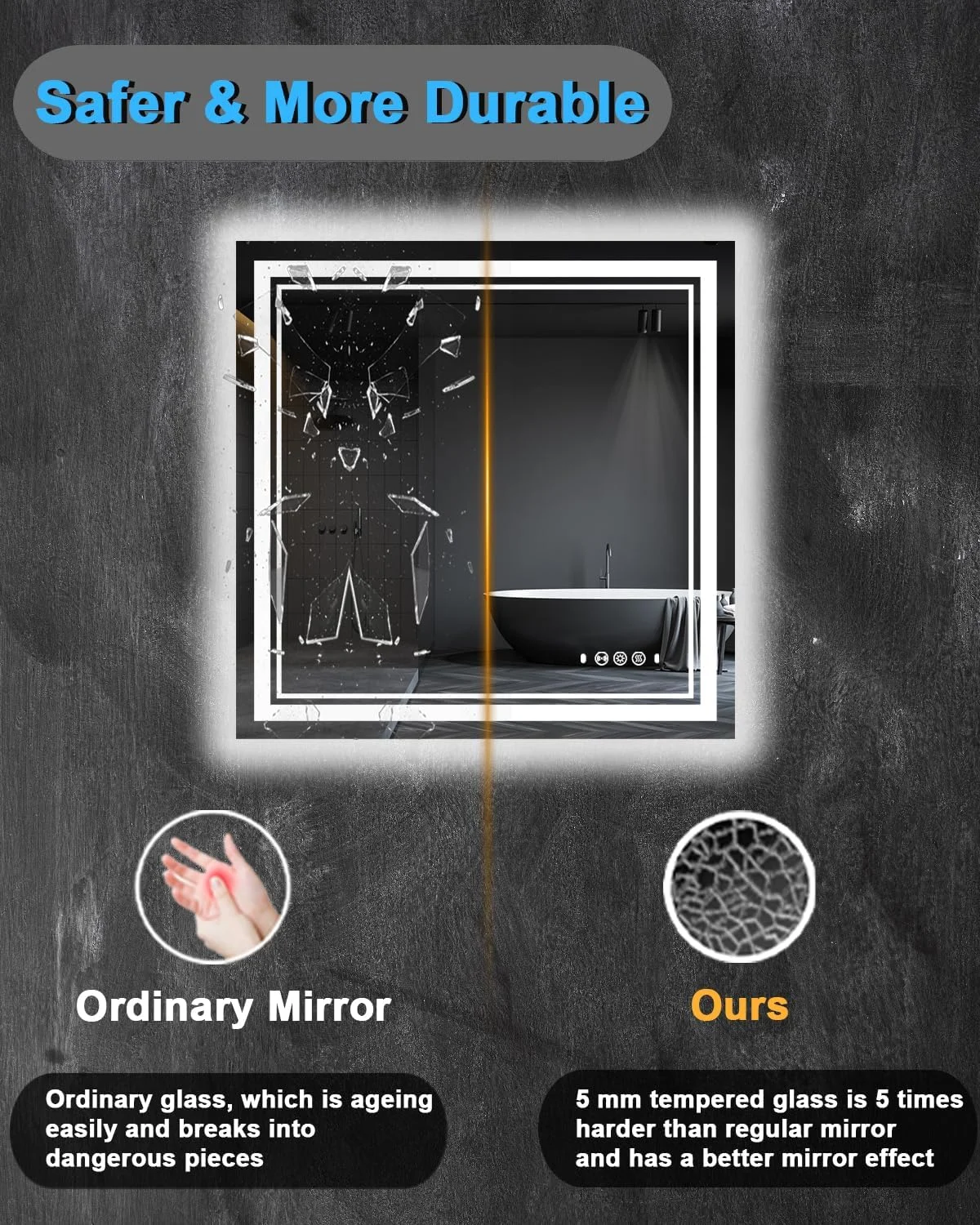 آینه حمام ال ای دی ویچانرو 36"X36" با قاب مشکی، ضد بخار، با قابلیت تنظیم نور، آینه روشویی دیواری چراغ دار برای حمام، دارای عملکرد حافظه، شیشه حرارت دیده