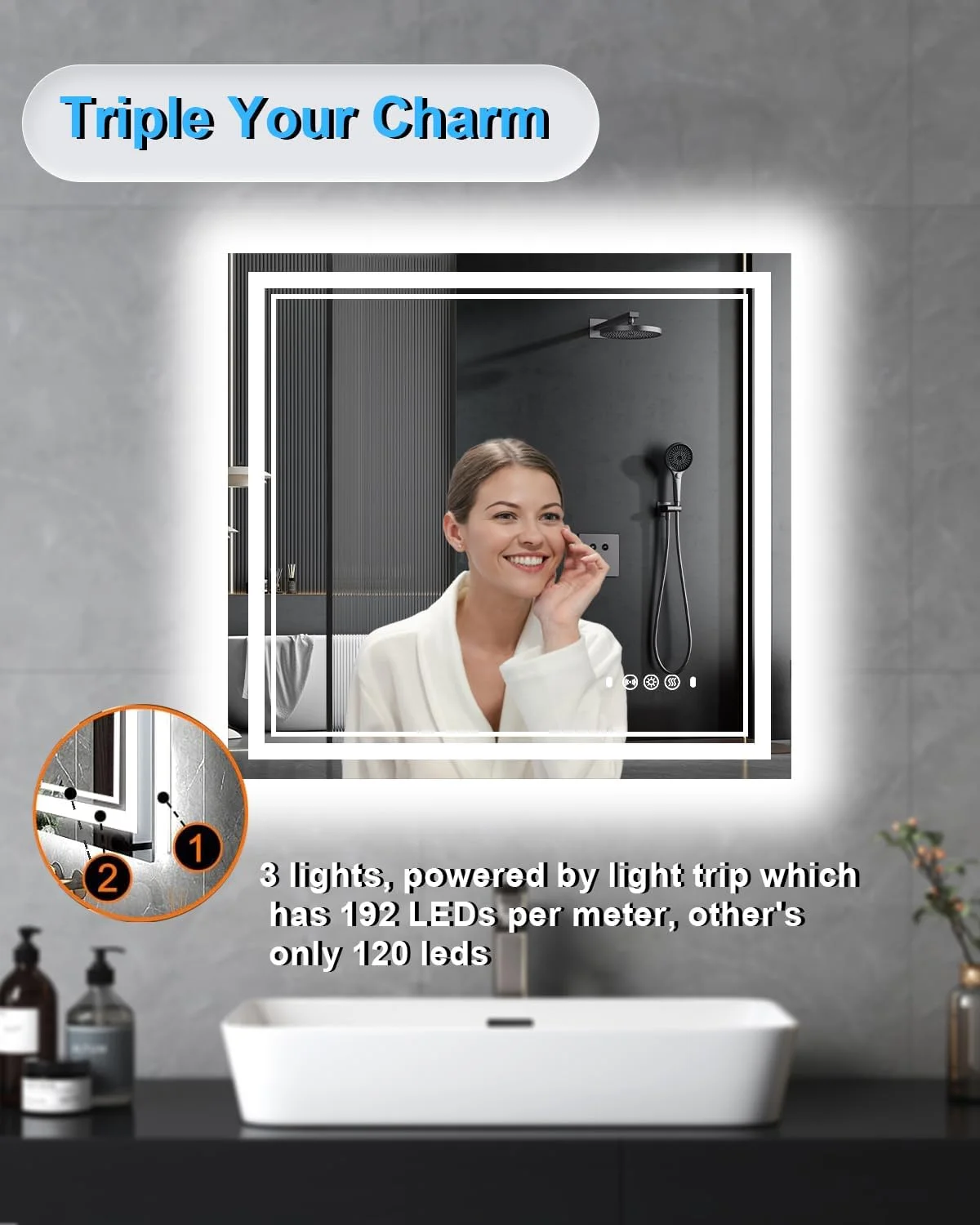 آینه حمام ال ای دی ویچانرو 36"X36" با قاب مشکی، ضد بخار، با قابلیت تنظیم نور، آینه روشویی دیواری چراغ دار برای حمام، دارای عملکرد حافظه، شیشه حرارت دیده