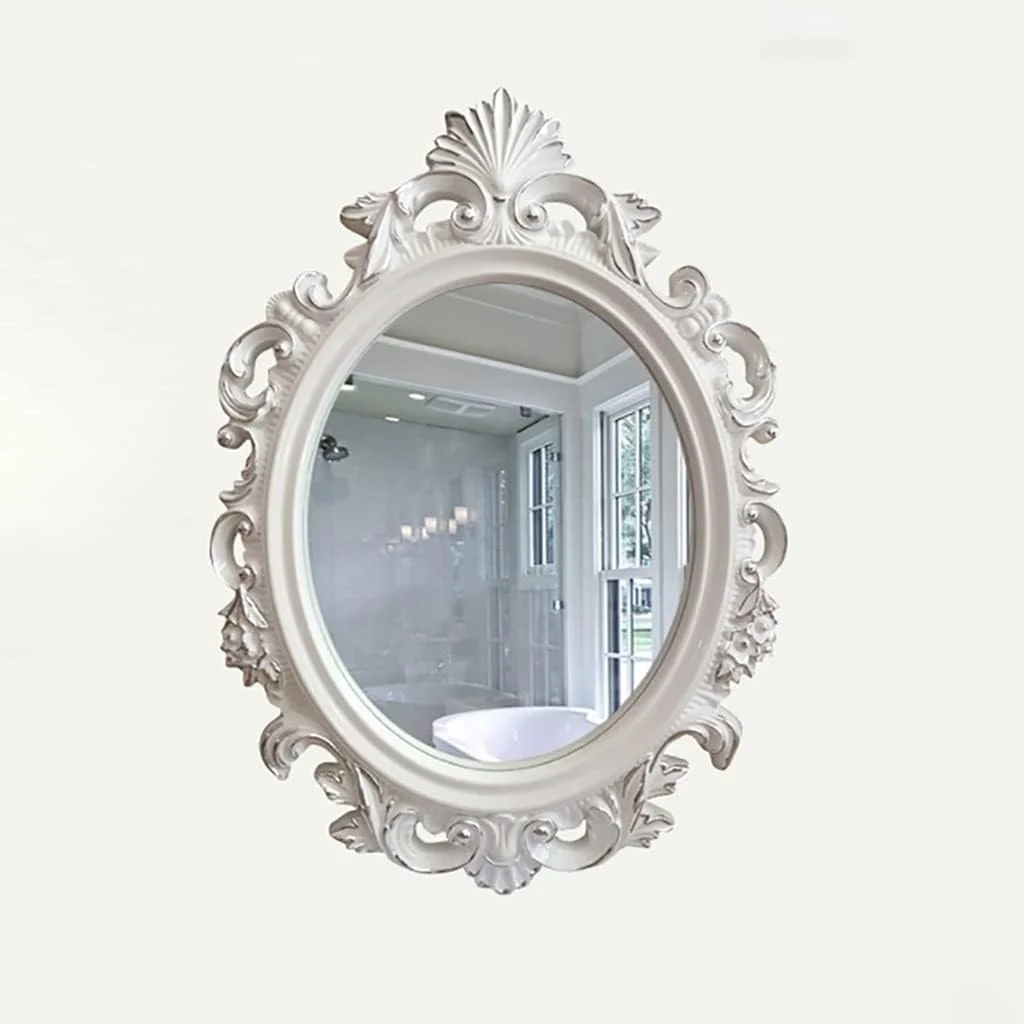 آینه دیواری تزئینی وینتیج، آینه بیضی شکل، آینه دکور دیوار، آینه حمام، آینه آرایش، آینه میز آرایش اتاق خواب، آینه دکور ورودی، آینه با قاب تزئین شده (رنگ: سفید، اندازه: 75 * 54 سانتی متر)