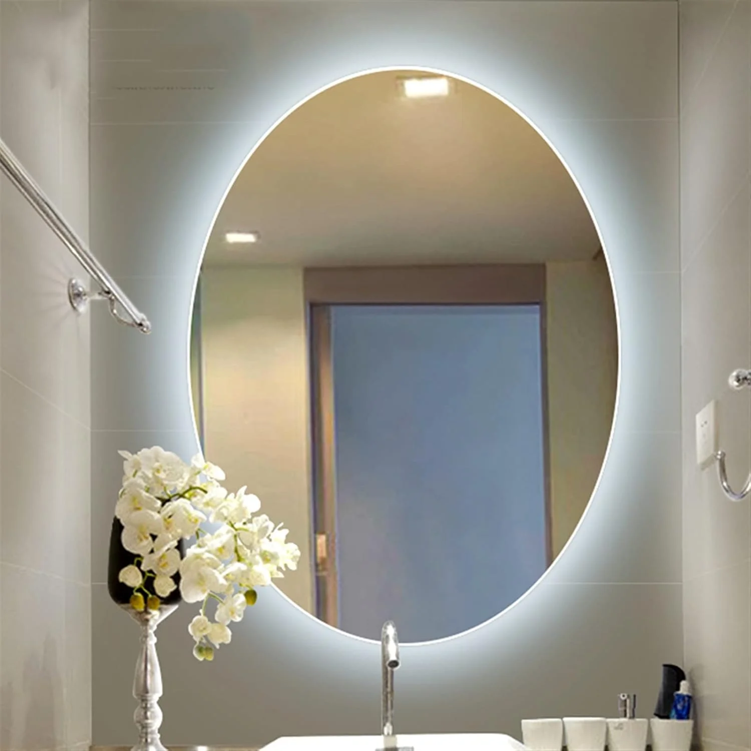 آینه VFNRESW با چراغ کلید دار، آینه بیضی شکل مناسب روشویی و حمام، آینه هوشمند حمام