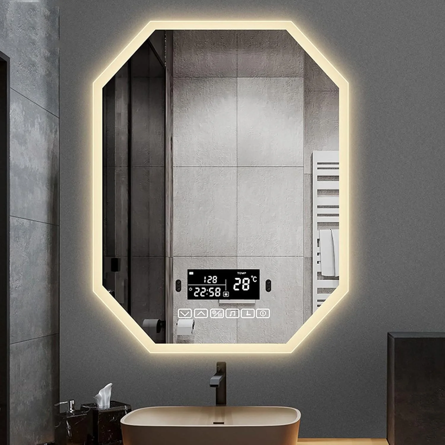 آینه دیواری VETCS، آینه حمام مدرن با نورپردازی، آینه حمام نامتقارن و بلند