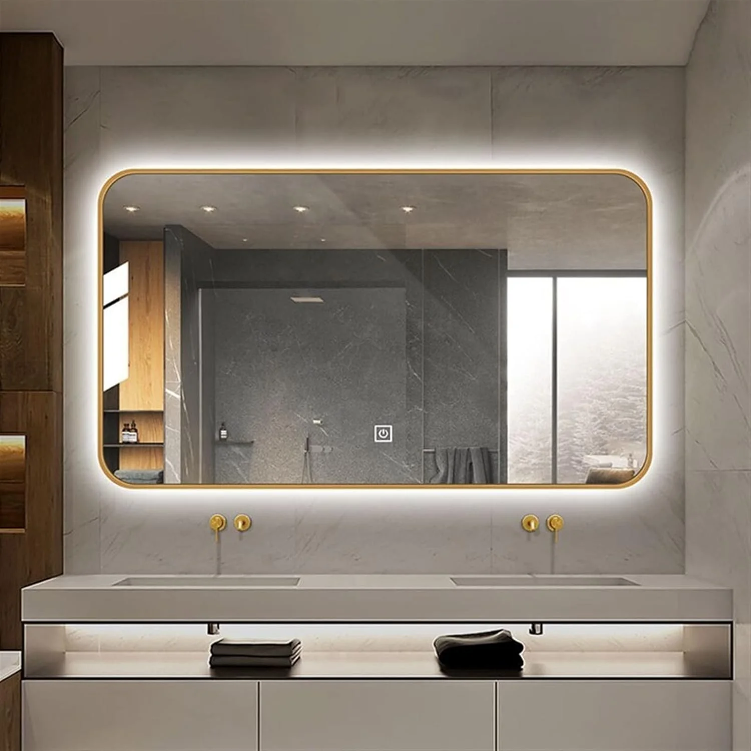 آینه هوشمند دیواری VETCS، آینه حمام مستطیلی لمسی با نور، لوازم سفارشی حمام (رنگ: طلایی) آینه هوشمند دیواری VETCS، آینه حمام مستطیلی لمسی با نور، لوازم سفارشی حمام (رنگ: طلایی)