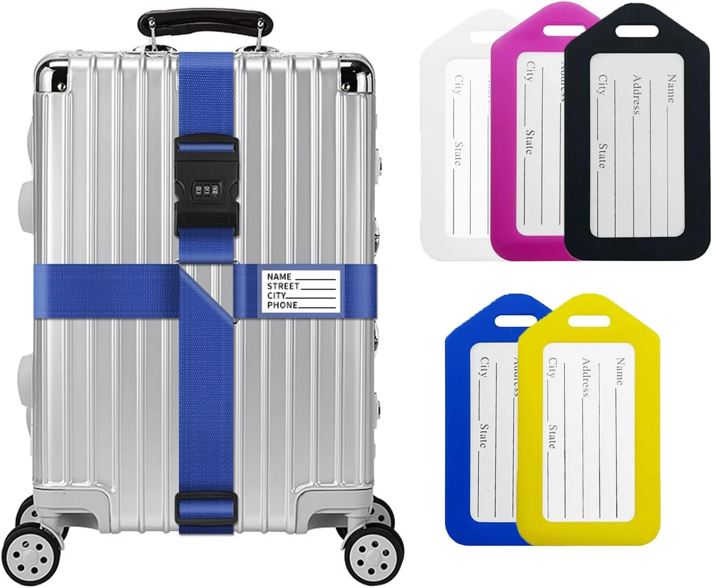 کمربند چمدان قابل تنظیم Boolygo و برچسب چمدان، لوازم جانبی چمدان، بند چمدان، 5 عدد برچسب نام چمدان و 1 بند بانجی چمدان، لوازم جانبی چمدان (آبی، قفل ترکیبی)