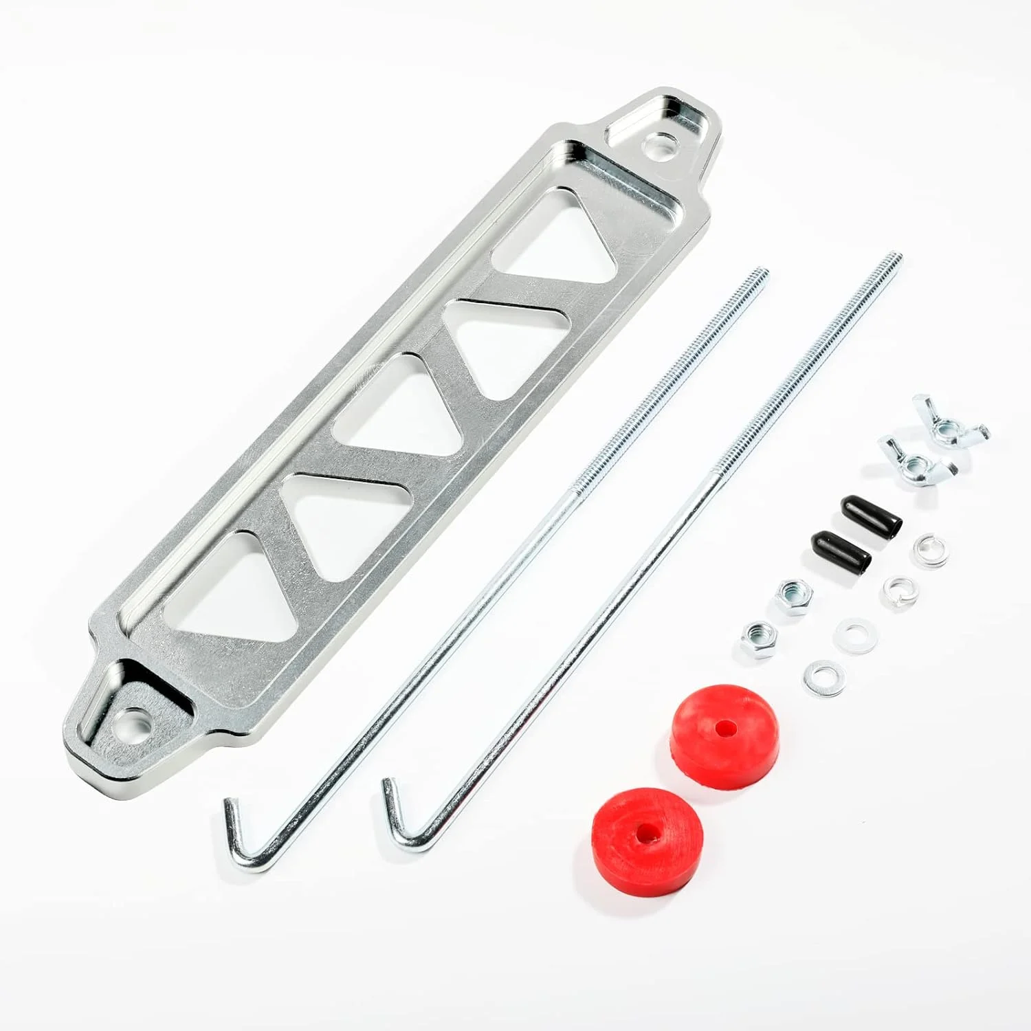 نگهدارنده باتری، کیت نگهدارنده باتری خودرو با پیچ های J ده اینچی، بست نگهدارنده باتری آلیاژ آلومینیوم، سینی باتری برای لوازم جانبی قفل نگهدارنده باتری خودرو (نقره ای)