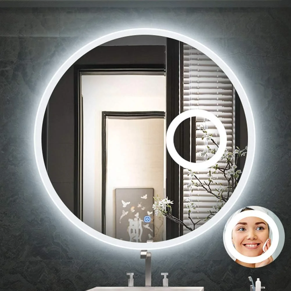 آینه دیواری VejiA برای حمام، آینه آرایشی گرد دیواری با نور LED، آینه حمام LED دار، با شیشه بزرگنمایی 3X به ابعاد 12.8 سانتی متر / 5 اینچ و کلید لمسی، نور سفید، 60/70/80 سانتی متر