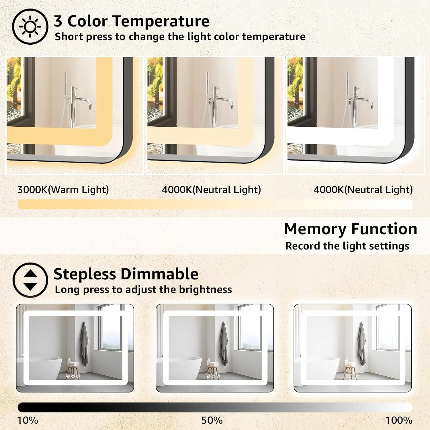 آینه حمام ال ای دی VEIOBFSA با ابعاد 60 در 36 اینچ، دارای ضد بخار، نورهای سه رنگ دیمر شونده، نورپردازی جلو و عقب، قاب ضد شکست، گوشه های گرد - آینه روشویی دیواری