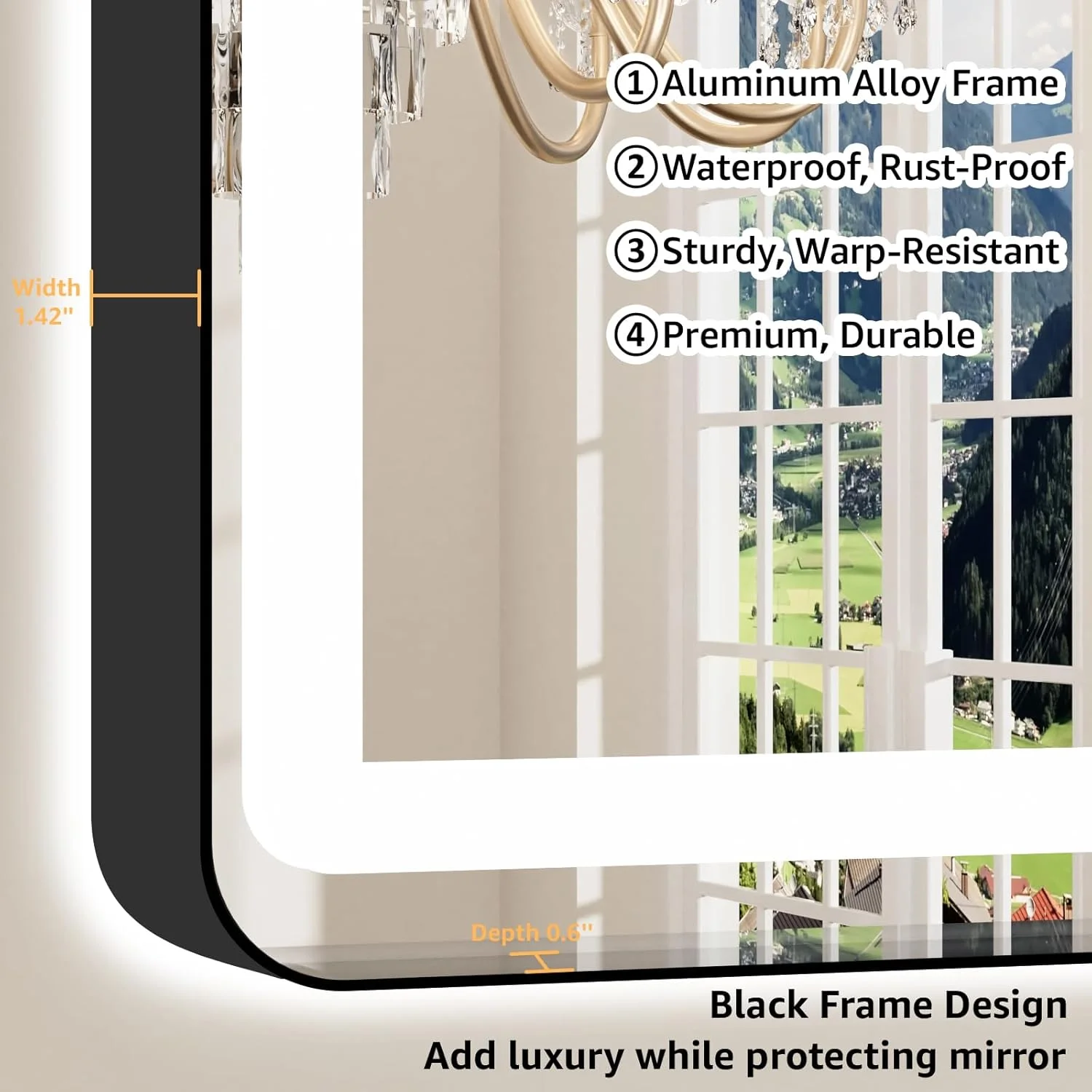 آینه حمام ال ای دی VEIOBFSA با ابعاد 60 در 36 اینچ، دارای ضد بخار، نورهای سه رنگ دیمر شونده، نورپردازی جلو و عقب، قاب ضد شکست، گوشه های گرد - آینه روشویی دیواری