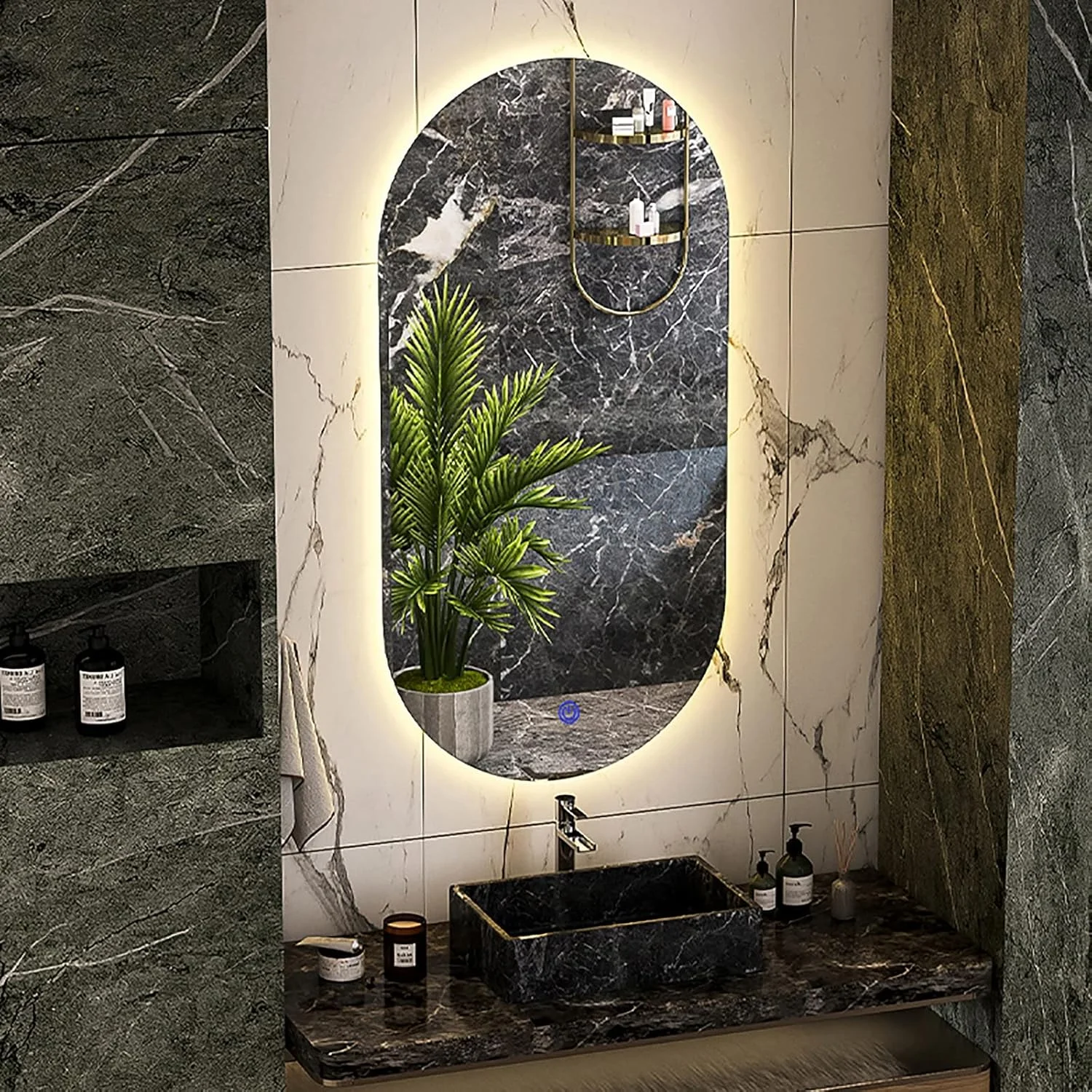 آینه دیواری VejiA برای حمام، آینه بیضی شکل LED با نور پس زمینه قابل تنظیم دمای رنگ نور 3000K/4000K/6000K، آینه هوشمند LED برای آرایش