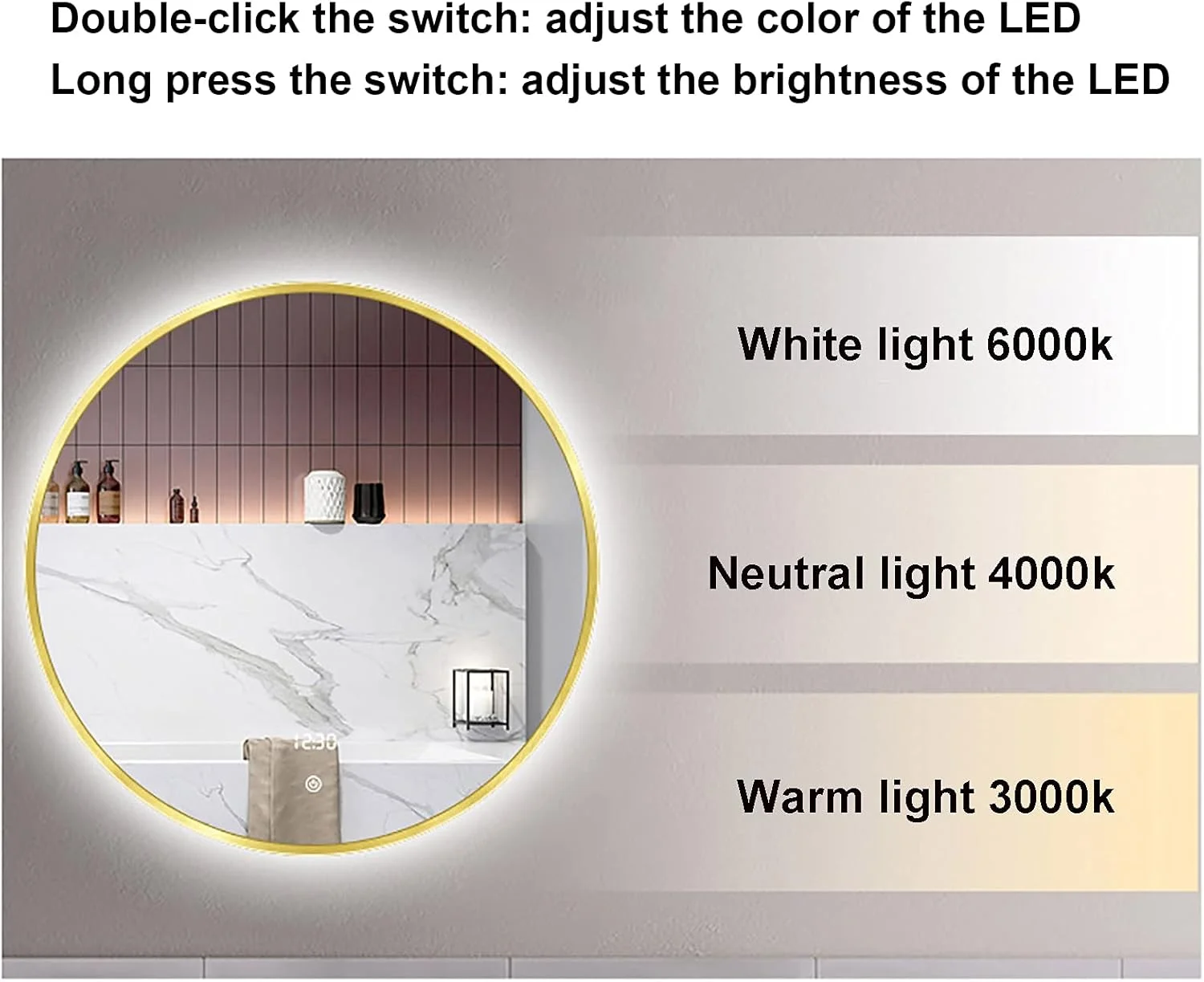 آینه دیواری VejiA برای حمام، آینه گرد حمام با نور LED قابل تنظیم و قاب آلیاژ آلومینیوم، آینه آرایش دیواری، آینه اصلاح، اندازه: Φ60/70/80 سانتی متر آینه دیواری VejiA برای حمام، آینه گرد حمام با نور LED قابل تنظیم و قاب آلیاژ آلومینیوم، آینه آرایش دیواری، آینه اصلاح، اندازه: Φ60/70/80 سانتی متر