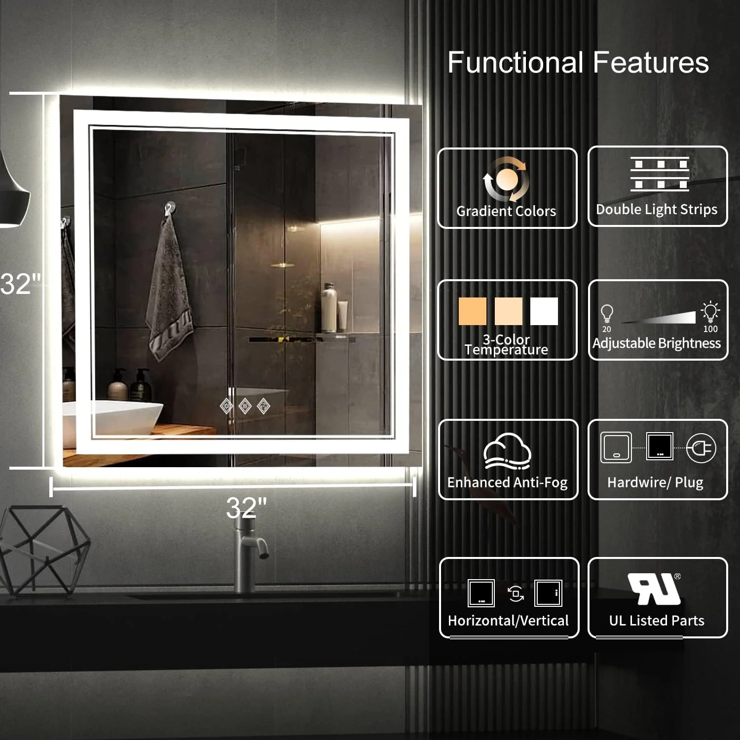 VanPokins LED Bathroom Mirror, 32x32 Inch Gradient Front and Backlight Lighted Vanity Mirror, 3 Colors Dimmable CRI>90 Double Lights, IP54 Enhanced Anti-Fog, Hanging Plates Wall Mount Bathroom Mirror