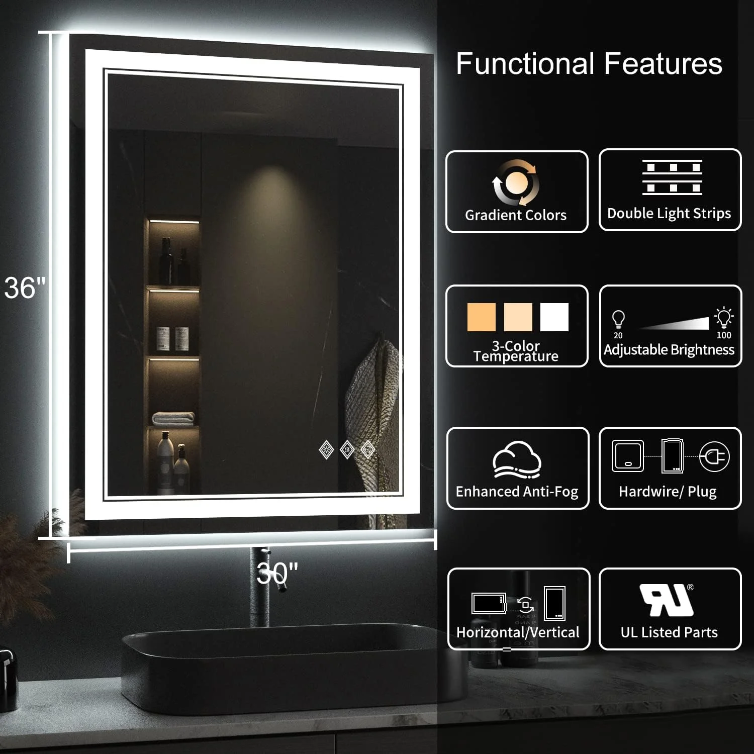 VanPokins Lighted Mirror, 30x36 Inch Gradient Front and Backlit LED Mirror, 3 Colors Dimmable CRI>90 Double Lights, IP54 Enhanced Anti-Fog, Hanging Plates Wall Mount LED Bathroom Mirror