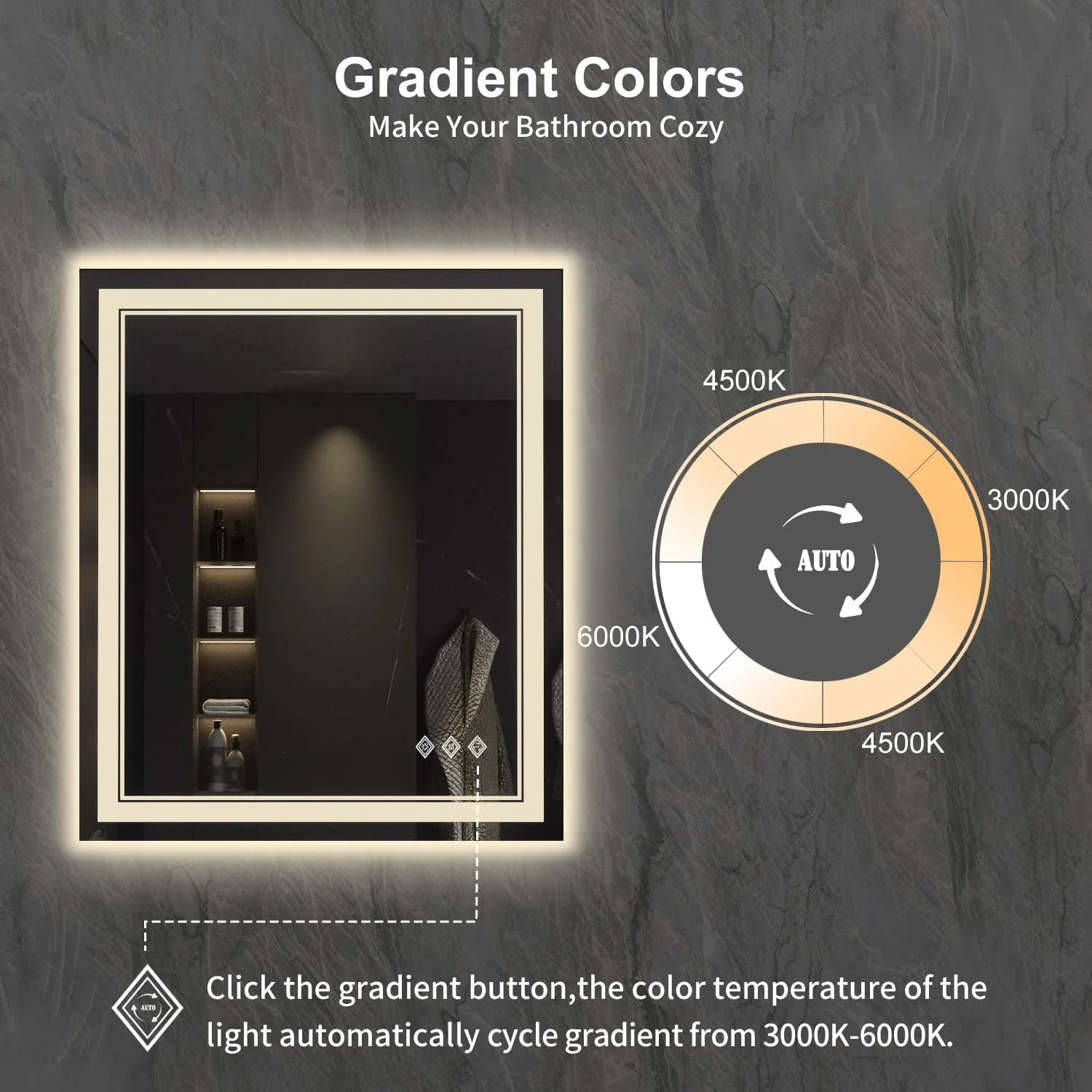 VanPokins Lighted Mirror, 30x36 Inch Gradient Front and Backlit LED Mirror, 3 Colors Dimmable CRI>90 Double Lights, IP54 Enhanced Anti-Fog, Hanging Plates Wall Mount LED Bathroom Mirror