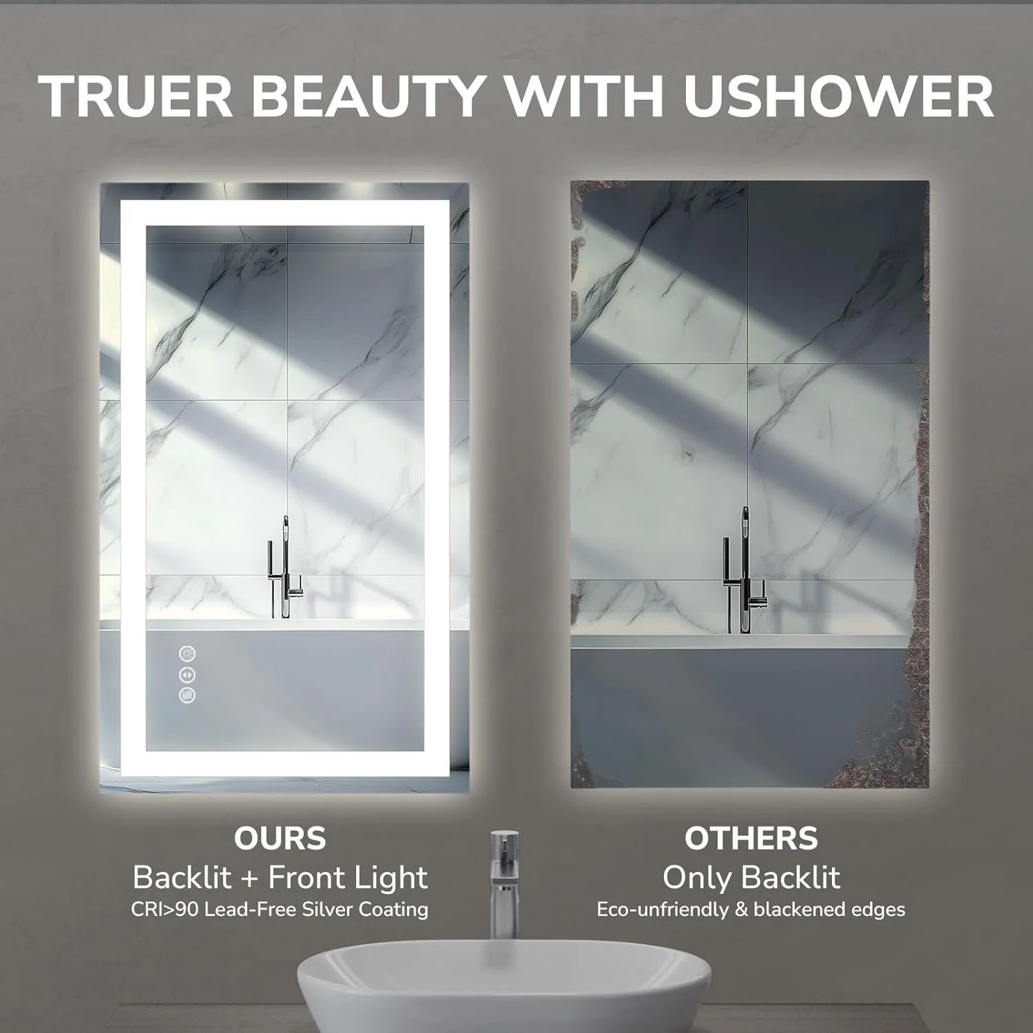 USHOWER 24x32 Inches LED Mirror for Bathroom, Frontlit & Backlit LED Bathroom Mirror with Anti-Fog, 3 Colors Dimmable, Memory Function, Tempered Glass, ETL Listed, Wall-Mounted