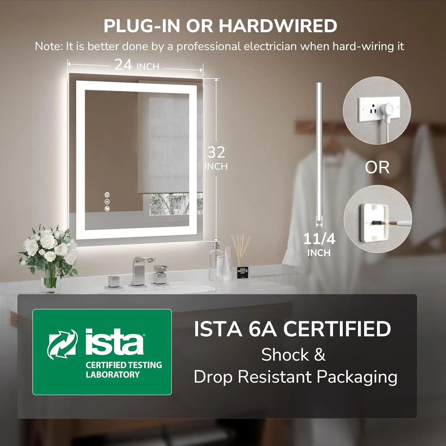 USHOWER 24x32 Inches LED Mirror for Bathroom, Frontlit & Backlit LED Bathroom Mirror with Anti-Fog, 3 Colors Dimmable, Memory Function, Tempered Glass, ETL Listed, Wall-Mounted