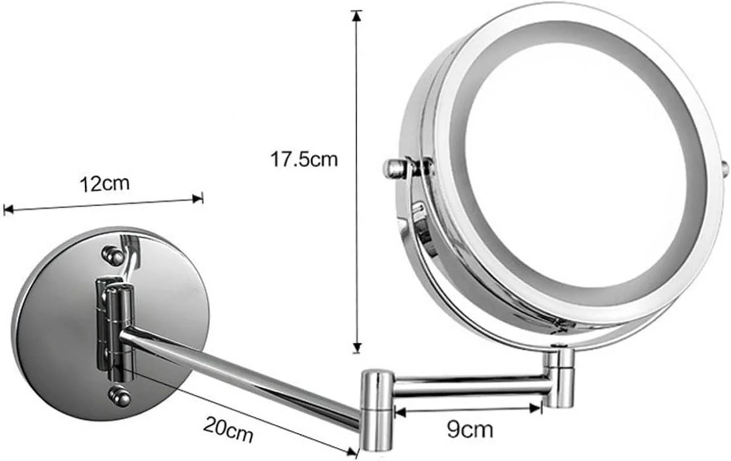 آینه روشویی UGFVGYTG، آینه تاشو بازویی، دو طرفه با نور LED قابل تنظیم و لمسی، آینه آرایشی دیواری با بزرگنمایی
