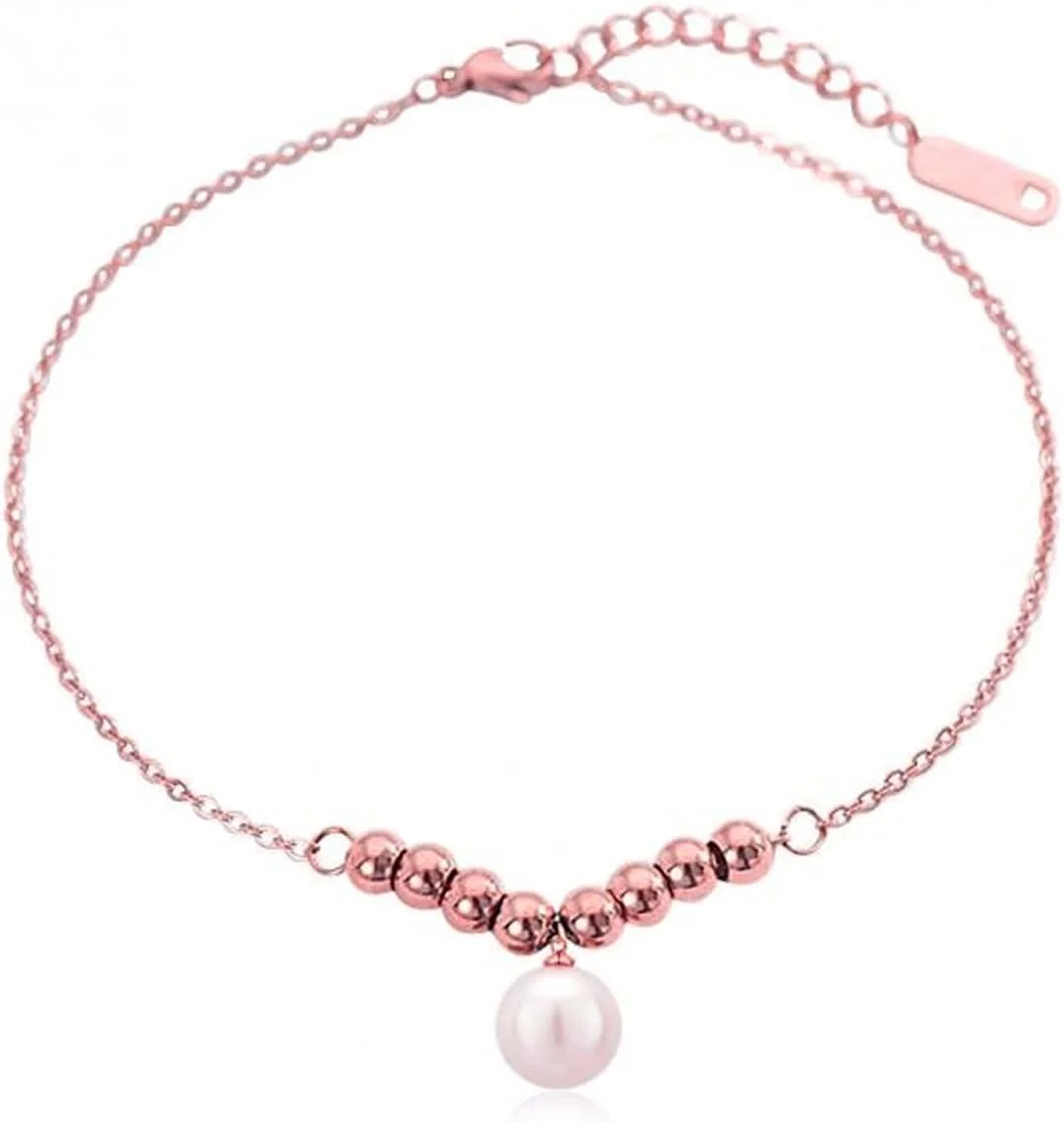 دستبند زنانه شیک آلیسا با مهره های خاص و آویز مروارید، قفل خرچنگی، حلقه قفل قابل تنظیم، زنجیر مهره ای، اکسسوری جواهرات مد روز دخترانه (رزگلد)