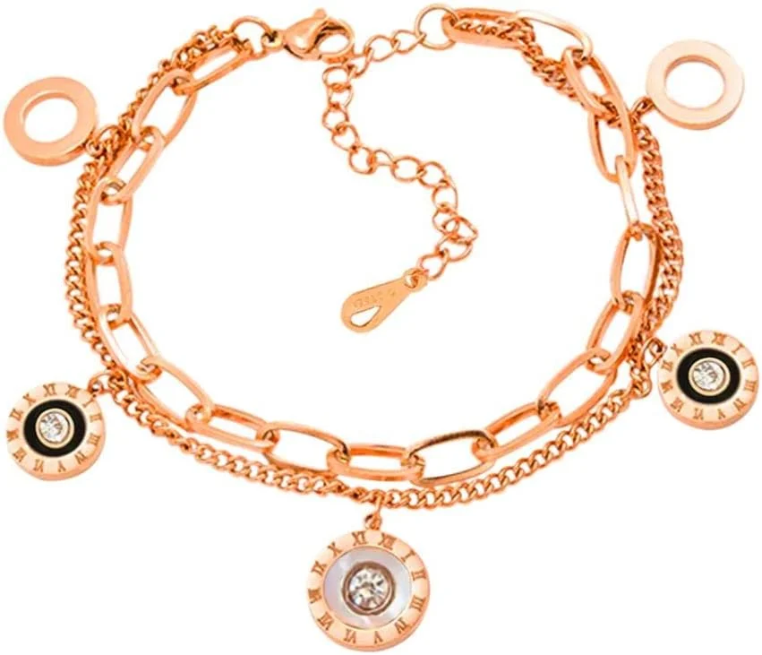 دستبند آلیسا با آویز دیسکی و زنجیر بزرگ زنانه، قفل خرچنگی، حلقه قابل تنظیم، مهره های زنجیری، زیورآلات مد روز دخترانه (رزگلد)
