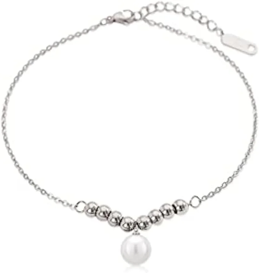 الیسا دستبند مهره ای شیک با آویز مروارید برای زنان، قفل خرچنگی، حلقه قفل قابل تنظیم، زنجیر مهره ای، زیورآلات مد روز دخترانه (نقره ای)