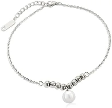 الیسا دستبند مهره ای شیک با آویز مروارید برای زنان، قفل خرچنگی، حلقه قفل قابل تنظیم، زنجیر مهره ای، زیورآلات مد روز دخترانه (نقره ای)