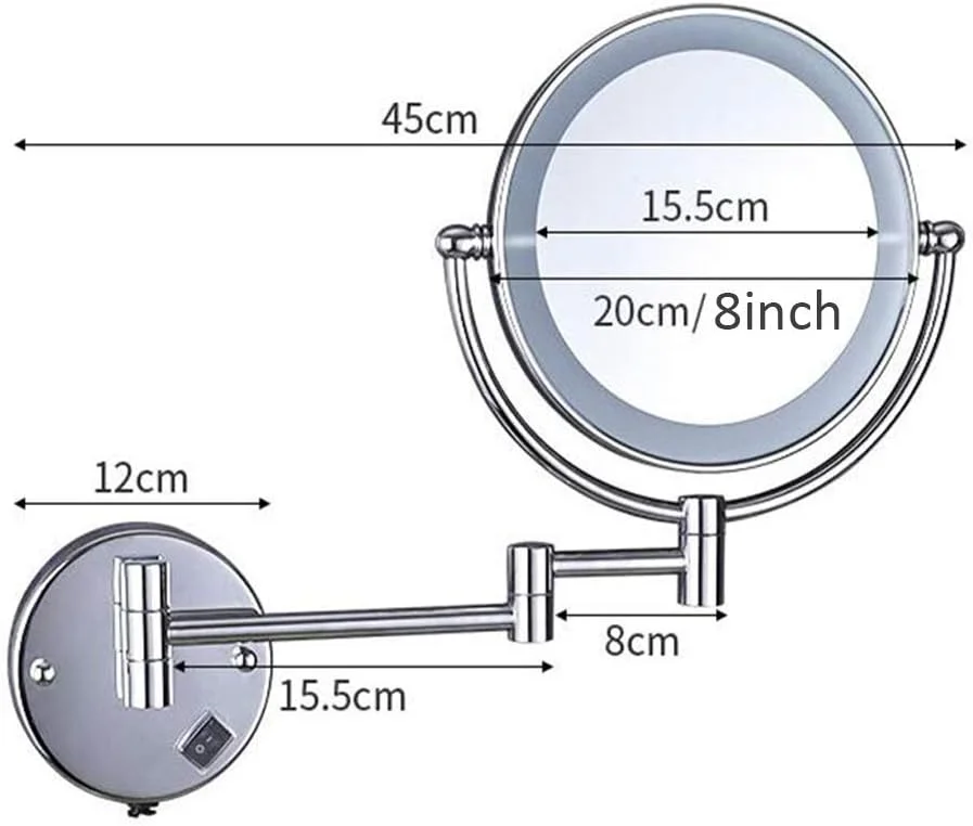 آینه آرایشی LED، آینه زیبایی دو طرفه دیواری با بزرگنمایی 3 برابری، آینه حمام تلسکوپی با چرخش 360 درجه، آینه آرایشی با اتصال سیمی، رزگلد (رنگ: Nero)