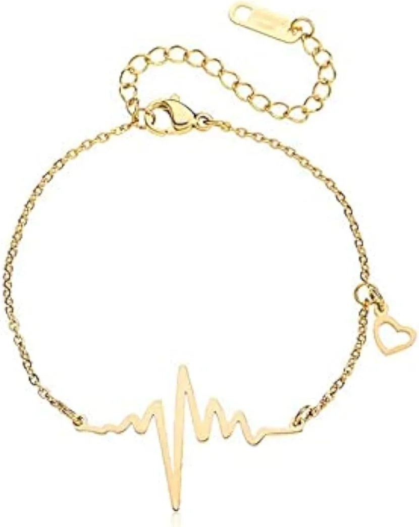 دستبند النگویی طرح ضربان قلب آلیسا، زیورآلات مد روز زنانه با قفل خرچنگی، حلقه قابل تنظیم و زنجیر مهره ای (طلایی)