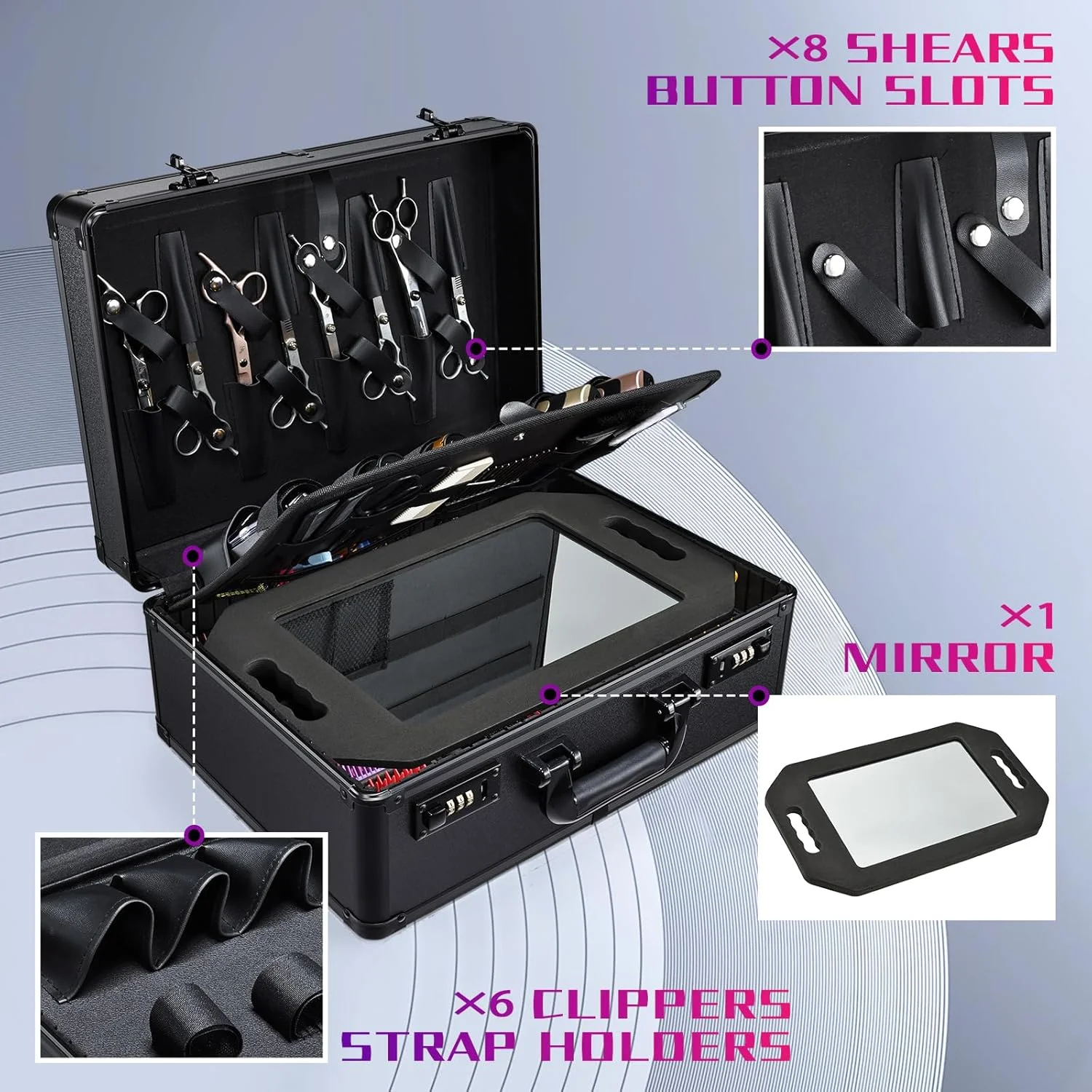 کیف لوازم آرایشگری، کیف ابزار حرفه ای آرایشگران، کیف آرایشگری برای ماشین اصلاح و لوازم، سازمان دهنده قیچی، ماشین اصلاح و تریمر مو، چمدان آرایشگری با قفل رمزدار (مشکی مات) کیف لوازم آرایشگری، کیف ابزار حرفه ای آرایشگران، کیف آرایشگری برای ماشین اصلاح و لوازم، سازمان دهنده قیچی، ماشین اصلاح و تریمر مو، چمدان آرایشگری با قفل رمزدار (مشکی مات)