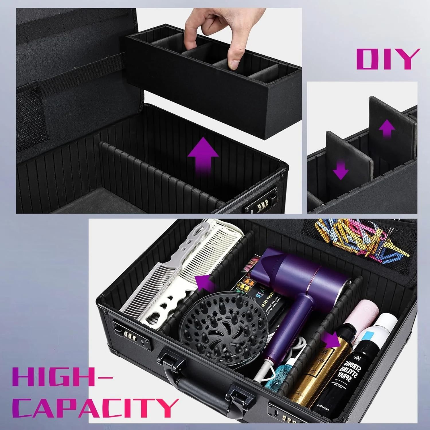 کیف لوازم آرایشگری، کیف ابزار حرفه ای آرایشگران، کیف آرایشگری برای ماشین اصلاح و لوازم، سازمان دهنده قیچی، ماشین اصلاح و تریمر مو، چمدان آرایشگری با قفل رمزدار (مشکی مات) کیف لوازم آرایشگری، کیف ابزار حرفه ای آرایشگران، کیف آرایشگری برای ماشین اصلاح و لوازم، سازمان دهنده قیچی، ماشین اصلاح و تریمر مو، چمدان آرایشگری با قفل رمزدار (مشکی مات)