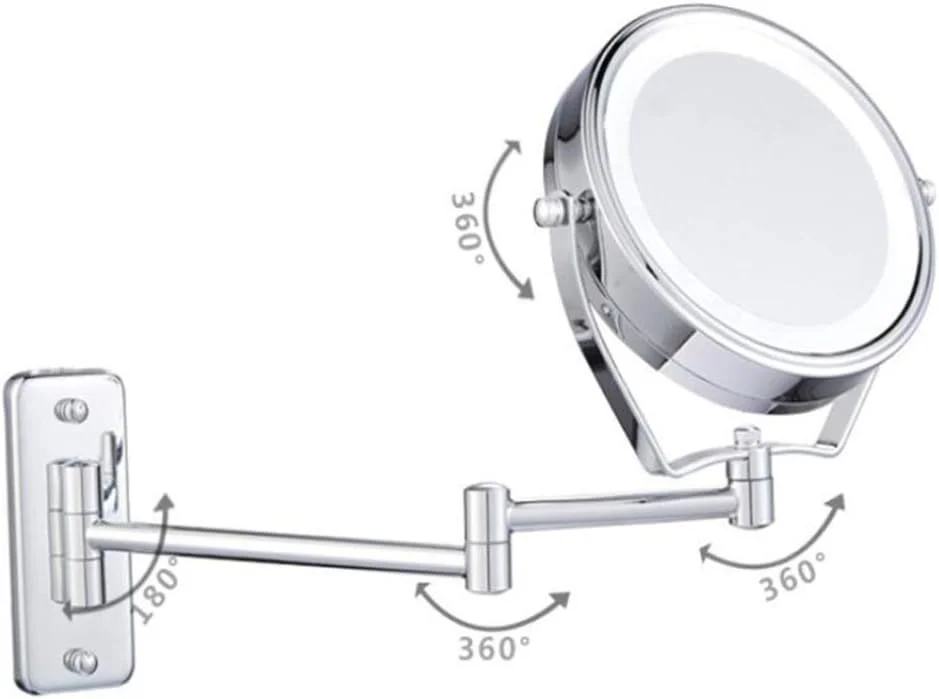 آینه آرایشی LED، آینه زیبایی دو طرفه دیواری با بزرگنمایی 3 برابری، آینه حمام با چرخش 360 درجه، آینه آرایشی قابل افزایش، نقره ای (نقره ای با باتری)