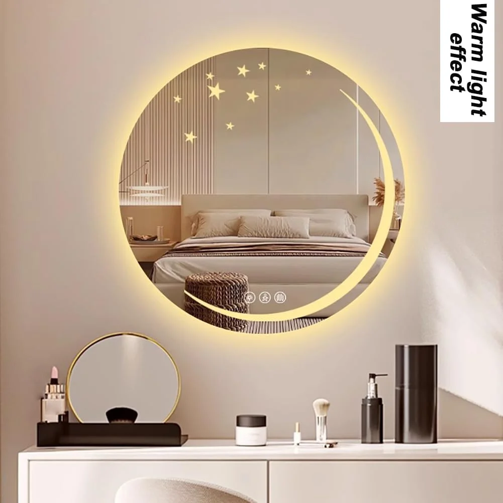 آینه گرد حمام LED مدل TT-YEF، آینه نور پس زمینه دار با کلید لمسی دوتایی، آینه دیواری با نور سه رنگ قابل تنظیم، آینه تزئینی القایی اتاق خواب، آینه آرایش بدون قاب، 70×70 سانتی متر