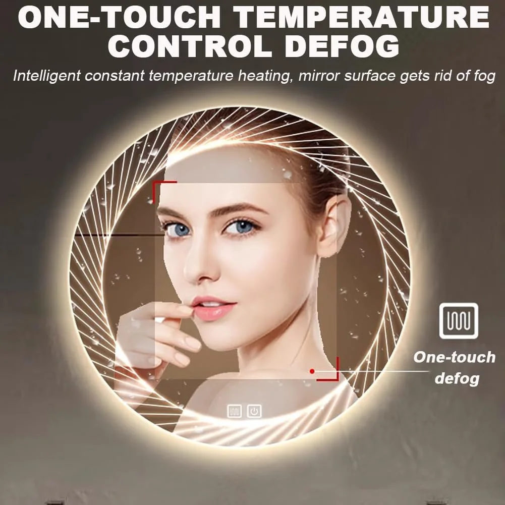 آینه روشویی مدرن و شیک TT-YEF با نورپردازی، آینه حمام با قابلیت تنظیم نور/حسگر بدن انسان، آینه آرایشی گرد بزرگ ضد مه، نور LED سه رنگ قابل تنظیم، کنترل لمسی دوگانه، 40×40 سانتی متر