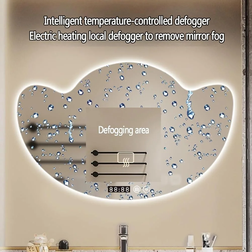 آینه حمام بدون قاب ابر شکل ال ای دی TT-YEF، آینه دیواری سه رنگ با قابلیت تنظیم نور با سوئیچ لمسی دوتایی و سیستم ضد مه، نمایشگر دما ساعت، تنظیم نور پیوسته، 120×80 سانتی متر