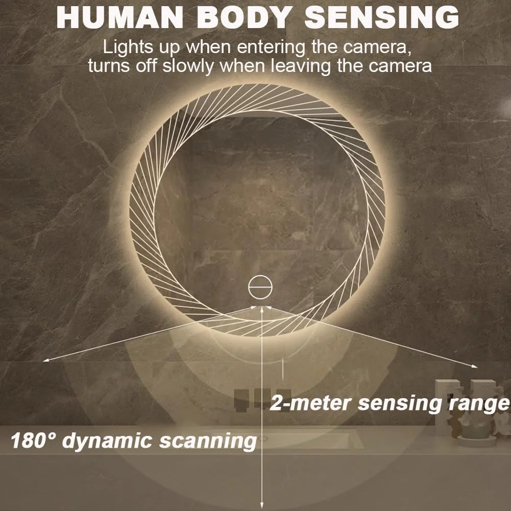 آینه روشویی مدرن و شیک TT-YEF با نورپردازی، آینه حمام با قابلیت تنظیم نور/حسگر بدن انسان، آینه آرایشی گرد بزرگ ضد مه، نور LED سه رنگ قابل تنظیم، کنترل لمسی دوگانه، 40×40 سانتی متر