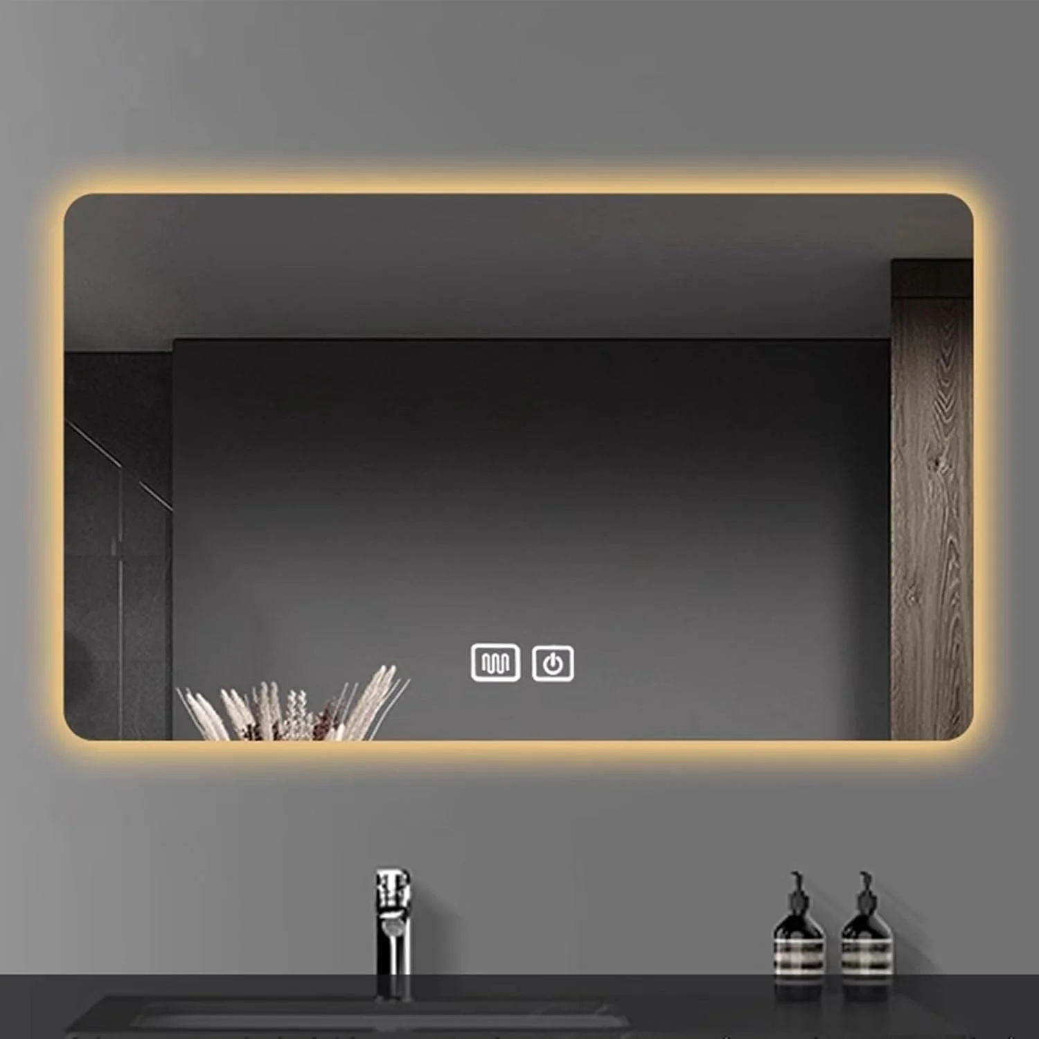 آینه حمام مربعی با نور سه رنگ، آینه روشویی حمام هوشمند با گرمایش و ضد بخار، با قابلیت تنظیم نور بی نهایت، کلید لمسی، مناسب برای دکوراسیون اتاق خواب، اتاق نشیمن، ورودی (نور سه رنگ)