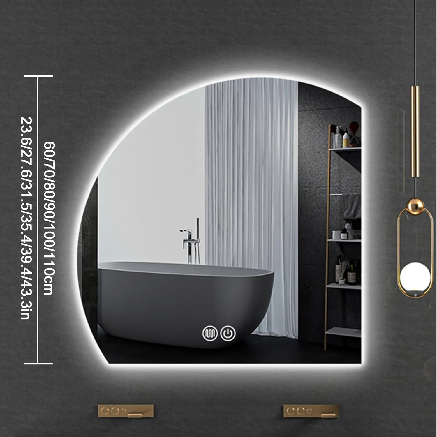 آینه آرایشی نیم دایره ای حمام با نور سه رنگ، آینه حمام ضد بخار گرم شونده، آینه دیواری مدرن حمام، سوئیچ لمسی، ضد انفجار مناسب برای دکوراسیون منزل (نور سفید، 90 سانتی متر)