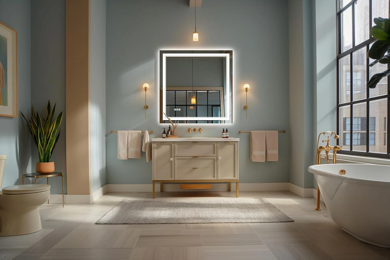 آینه حمام ال ای دی TIFULLHOME با ابعاد 30x30 اینچ، دارای نور پس زمینه و جلو، ضد بخار، CRI90+، 3 رنگ، آینه روشویی دیمر دار با چراغ، شیشه سکوریت درجه یک، دارای گواهینامه ETL، قابل نصب روی دیوار (افقی/عمودی)