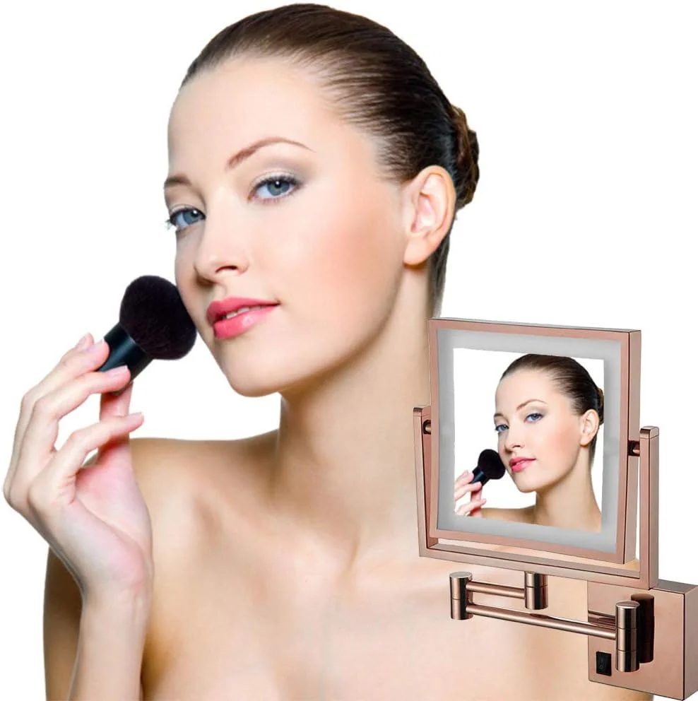 آینه آرایشی دیواری LED مدل TISTIK، آینه اصلاح 8 اینچی حمام، آینه رومیزی مربعی نصب شده روی دیوار، چرخان با بزرگنمایی 3 برابر دو طرفه، رزگلد با دوشاخه