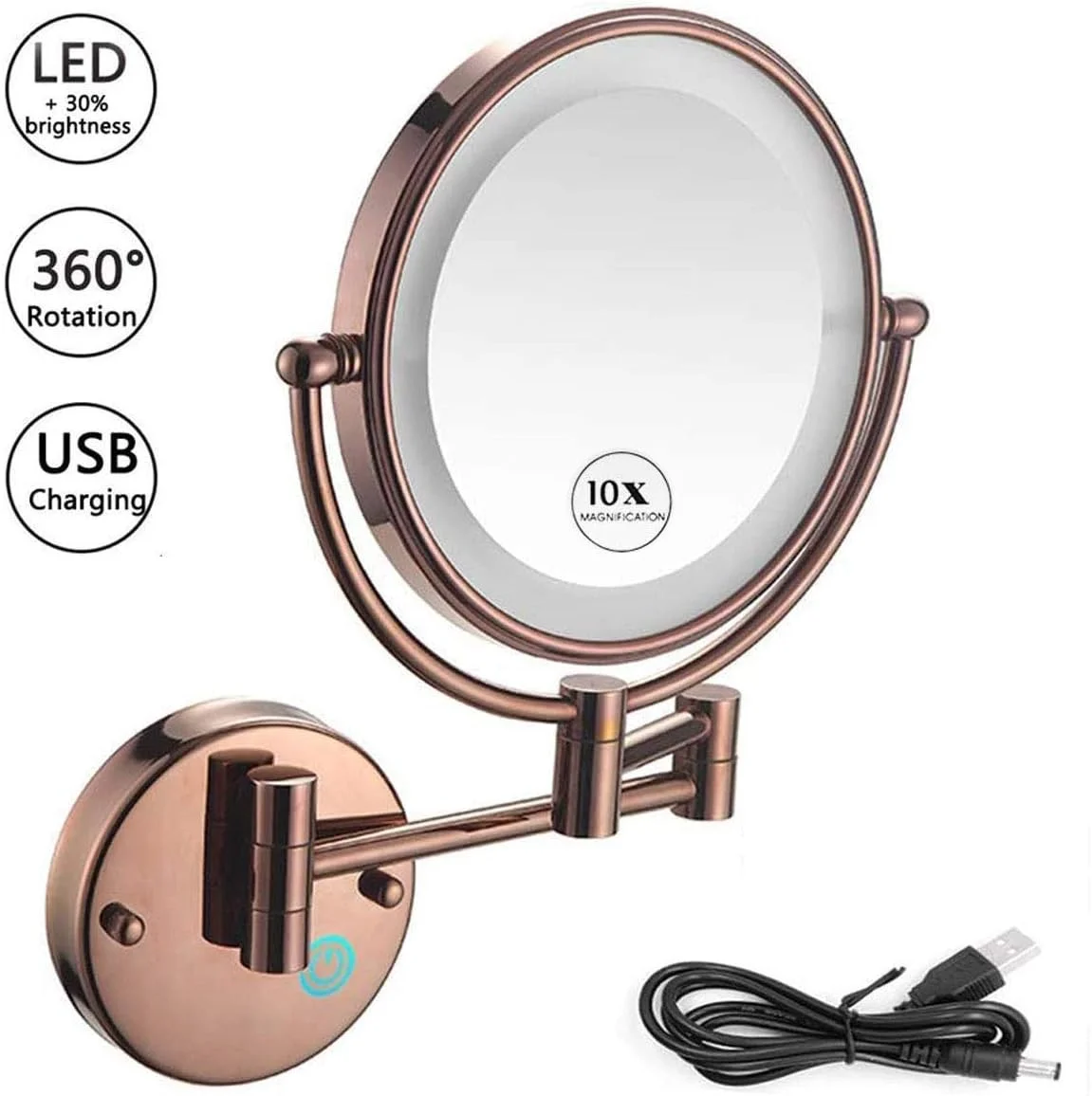 آینه آرایشی چراغ دار TISTIK با بزرگنمایی 10 برابر، قابل نصب روی دیوار، آینه حمام با قابلیت چرخش 360 درجه دو طرفه، جزئیات آرایش شما را دقیق تر نشان می دهد، قابل شارژ با USB (رنگ: رزگلد)