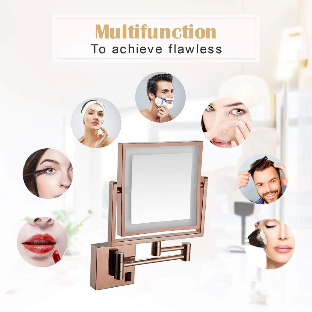 آینه آرایشی دیواری LED مدل TISTIK، آینه اصلاح 8 اینچی حمام، آینه رومیزی مربعی نصب شده روی دیوار، چرخان با بزرگنمایی 3 برابر دو طرفه، رزگلد با دوشاخه