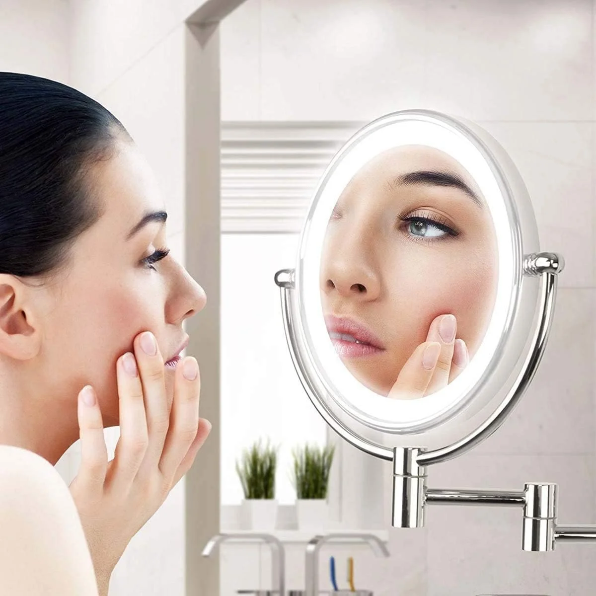 آینه آرایشی چراغ دار TISTIK با بزرگنمایی 10 برابر، قابل نصب روی دیوار، آینه حمام با قابلیت چرخش 360 درجه دو طرفه، جزئیات آرایش شما را دقیق تر نشان می دهد، قابل شارژ با USB (رنگ: رزگلد)
