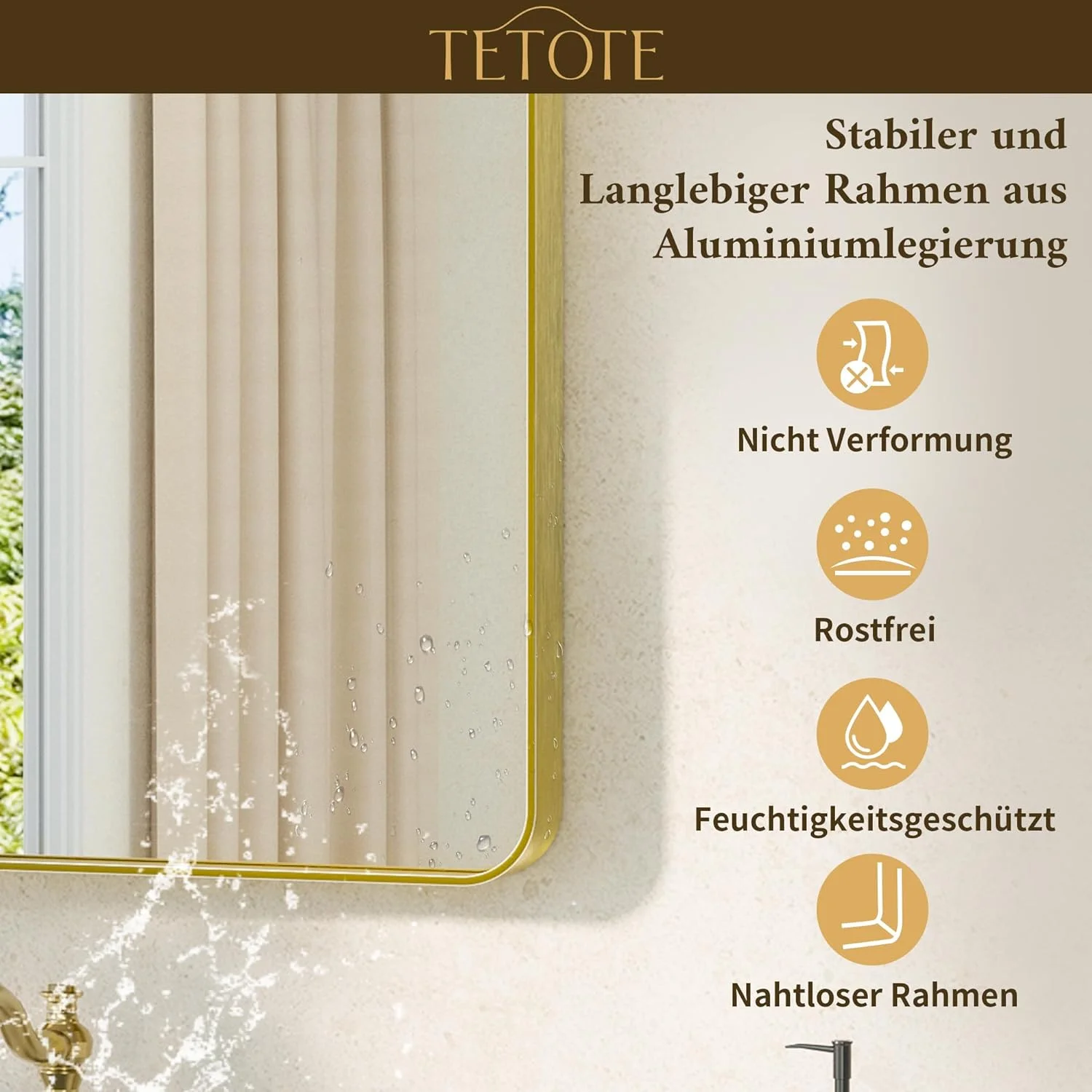 آینه حمام TETOTE، 60 در 81 سانتی متر، طلایی، بدون نور، قاب فلزی، آینه دیواری حمام برای روشویی، آینه حمام مستطیلی، آینه گوشه گرد، شیشه سکوریت، آینه تزئینی