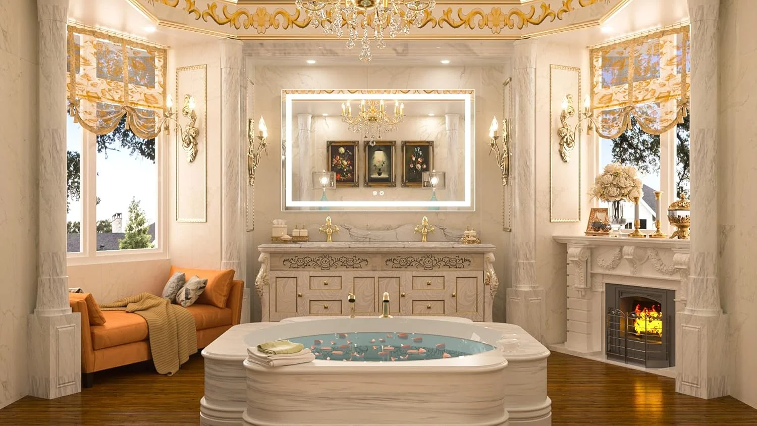 آینه حمام LED تتوت، 122x76 سانتی متر، ضد بخار، نور سفید/گرم/طبیعی، دیمر دار، CRI90، ضد آب IP54، آینه روشویی دیواری (افقی/عمودی)