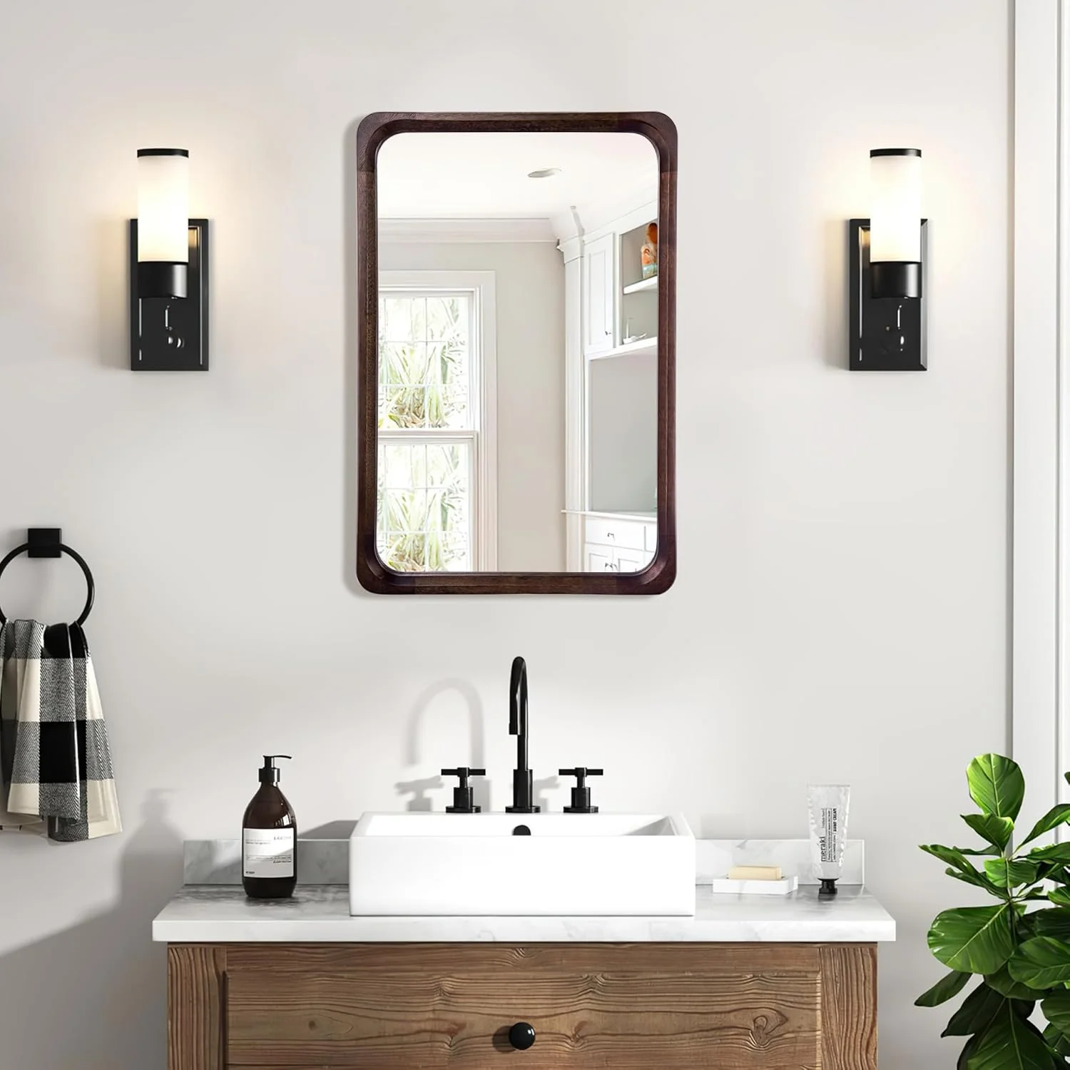 آینه چوبی حمام Tanmicoshomy، 50 در 76 سانتی متر، آینه مستطیلی با قاب چوبی جامد و شیشه حرارت دیده برای اتاق نشیمن، اتاق خواب، دفتر کار یا ورودی (قهوه ای تیره)