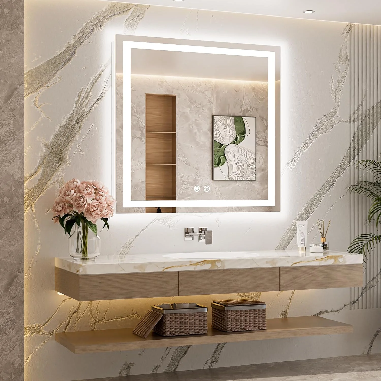 آینه حمام ال ای دی تتوت مدل 90x90 سانتی‌متر، آینه ضد بخار دیواری با نور پس زمینه و جلو، آینه هوشمند مستطیلی دیجیتال با قابلیت تنظیم 3 رنگ