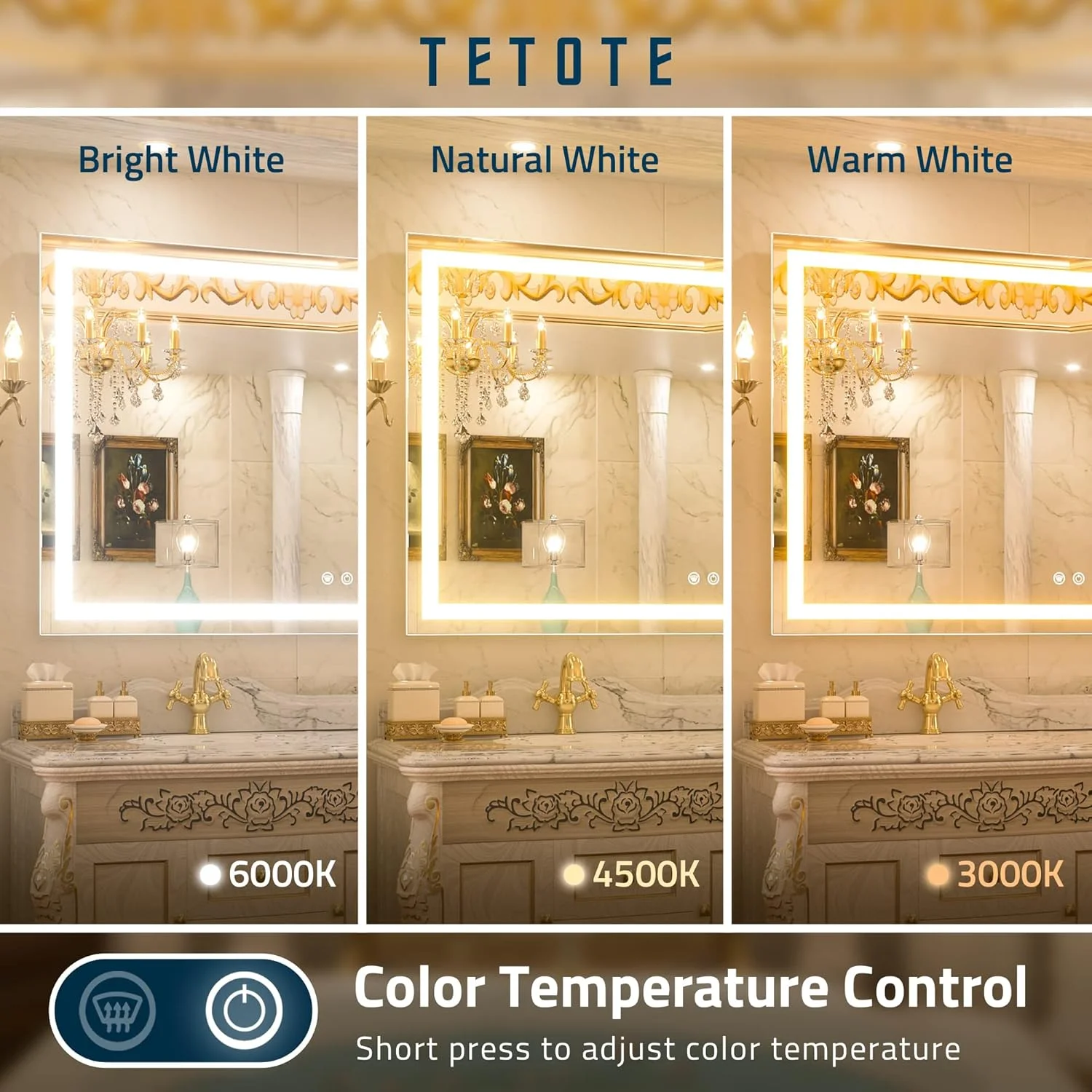 آینه حمام LED تتوت، 122x76 سانتی متر، ضد بخار، نور سفید/گرم/طبیعی، دیمر دار، CRI90، ضد آب IP54، آینه روشویی دیواری (افقی/عمودی)