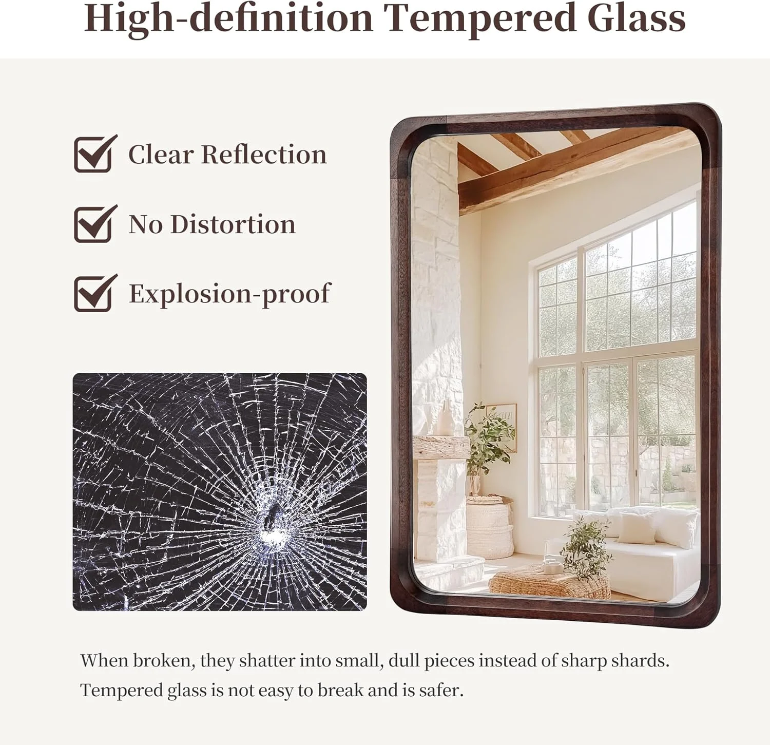 آینه چوبی حمام Tanmicoshomy، 50 در 76 سانتی متر، آینه مستطیلی با قاب چوبی جامد و شیشه حرارت دیده برای اتاق نشیمن، اتاق خواب، دفتر کار یا ورودی (قهوه ای تیره)