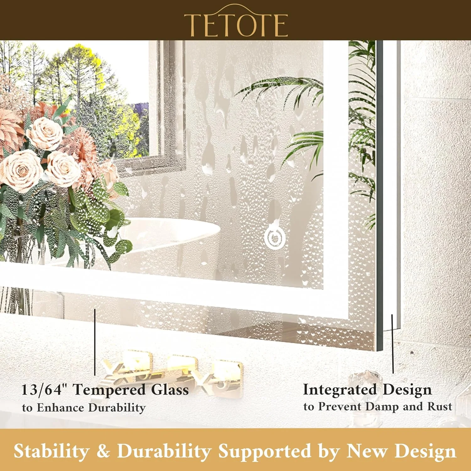 آینه حمام ال ای دی تتوت مدل 90x90 سانتی‌متر، آینه ضد بخار دیواری با نور پس زمینه و جلو، آینه هوشمند مستطیلی دیجیتال با قابلیت تنظیم 3 رنگ