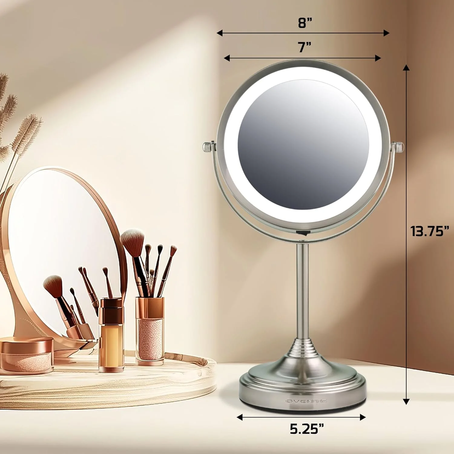 آینه آرایشی رومیزی چراغ دار 7 اینچی Ovente، بزرگنمایی 1X و 7X، LED گرد دو طرفه چرخان قابل تنظیم، مناسب برای میز آرایش یا دکوراسیون حمام، با باتری نیکل برس خورده مدل MCT70BR1X7X آینه آرایشی رومیزی چراغ دار 7 اینچی Ovente، بزرگنمایی 1X و 7X، LED گرد دو طرفه چرخان قابل تنظیم، مناسب برای میز آرایش یا دکوراسیون حمام، با باتری نیکل برس خورده مدل MCT70BR1X7X