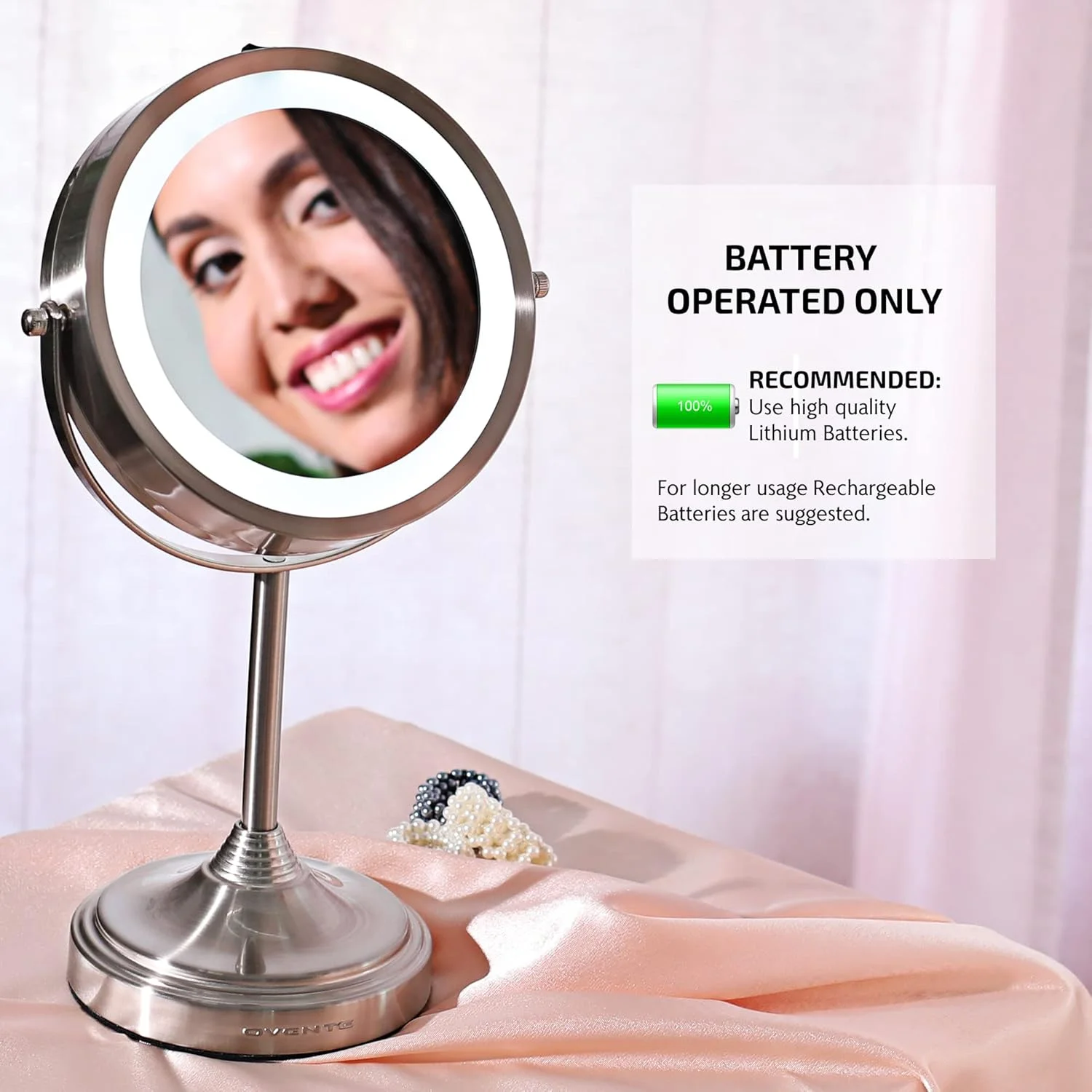 آینه آرایشی رومیزی چراغ دار 7 اینچی Ovente، بزرگنمایی 1X و 7X، LED گرد دو طرفه چرخان قابل تنظیم، مناسب برای میز آرایش یا دکوراسیون حمام، با باتری نیکل برس خورده مدل MCT70BR1X7X آینه آرایشی رومیزی چراغ دار 7 اینچی Ovente، بزرگنمایی 1X و 7X، LED گرد دو طرفه چرخان قابل تنظیم، مناسب برای میز آرایش یا دکوراسیون حمام، با باتری نیکل برس خورده مدل MCT70BR1X7X
