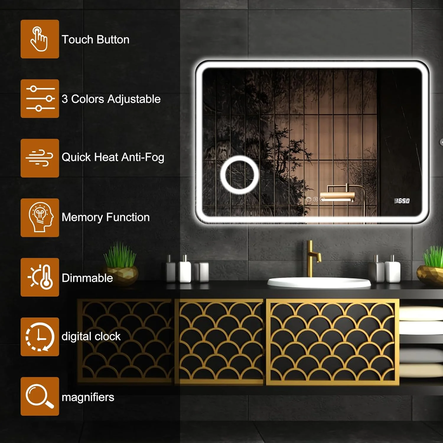 آینه حمام ال ای دی Swesolara با ابعاد 81 سانتی متر طول و 61 سانتی متر عرض، دارای نور، ضد بخار، کنترل لمسی 3 دکمه ای، دمای رنگ قابل تنظیم، عملکرد حافظه، ضد آب IP44، شیشه سکوریت، ساعت دیجیتال