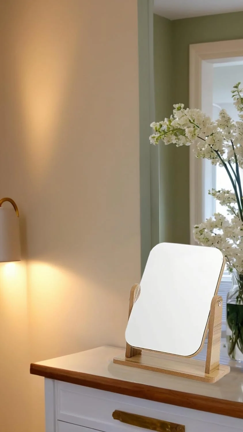 آینه آرایشی چوبی طبیعی Sweet Seven - چرخش 360 درجه یک طرفه، آینه رومیزی قابل حمل با کیفیت بالا - مربع 6.7 اینچی